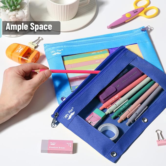 Mr. Pen- Pencil Pouch for 3 Ring Binder, 2 Pack, 10"x6.75", Smooth Zipper | Clear Window, Large Capacity Pencil Case with 3 Reinforced Grommets for School, Office, Supplies Storage