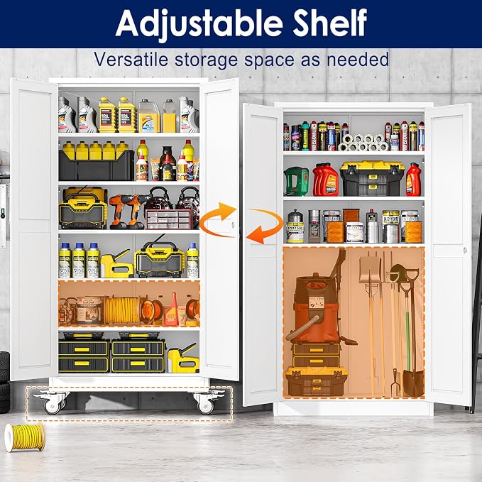 erosoei 74" H Metal Garage Storage Cabinet, Rolling Tool Cabinet with 2 Doors and Wheels, Locker Steel Cabinet with 5 Adjustable Shelves, Organization Cabinet for Garage,Office,Home,Gym,School（White）