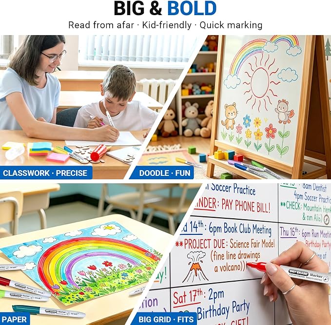 SFAIH Fine Tip Dry Erase Markers, 15 Colors, 15 Pack, 1-2mm Line, Low Odor | Easily Erases, Non-Toxic Ink, Perfect for Whiteboards, Ideal for Office Teams, Study Groups, Homeschooling, Kids & Paper Art
