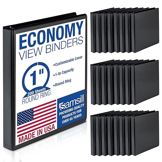Samsill 1 Inch 3 Ring Binders, Economy Round Ring, Clear View Cover, 200 Sheet Capacity - for School, Home, Office - Black, 24 Pack