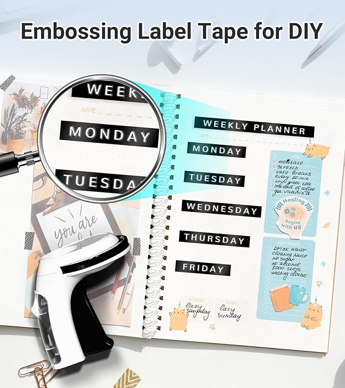 Embossing Label Maker Machine with 10 Tapes Black, Vintage Manual Labeler, 3D Embossed Label Maker 3/8inch Labels-Waterproof for Scrapbooking Supplies, Home Office & Kids School Items