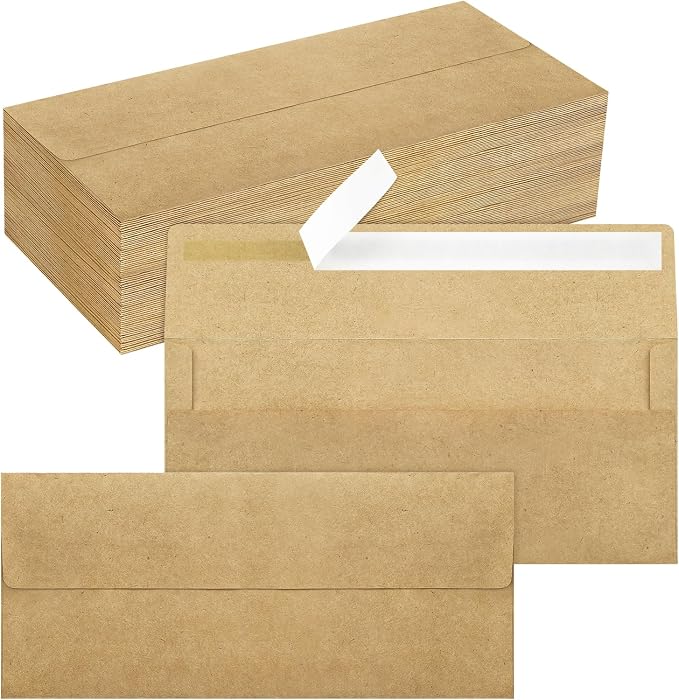 100 Pack #10 Kraft Paper Envelopes Letter Size Self Seal Business Envelopes | Brown Security Mailing Envelopes, 4 1/8 x 9 1/2 Inches