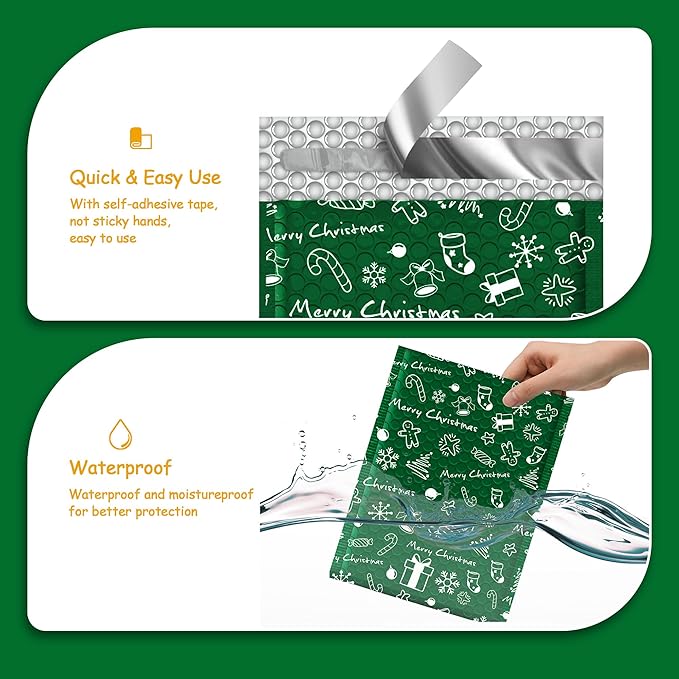 JinRuiKJ Christmas Bubble Mailers 4x8" 50 Pack, Padded Envelopes, Strong Adhesion Padded Mailers, Cushioning Padded Shipping Envelopes for Jewelry, Makeup - Green