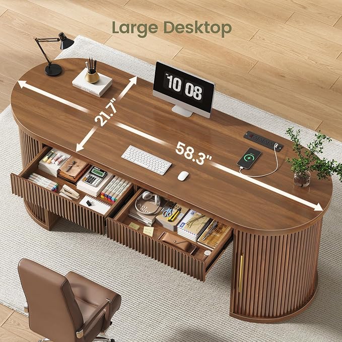 SEDETA 58.3" x 21.7" Fluted Office Executive Desk with 2 Drawers Storage | Brown Long Computer Desk with 2 Sliding Doors Shelves and Power Strip, Wood Curve Desk for Work, Writing, Study