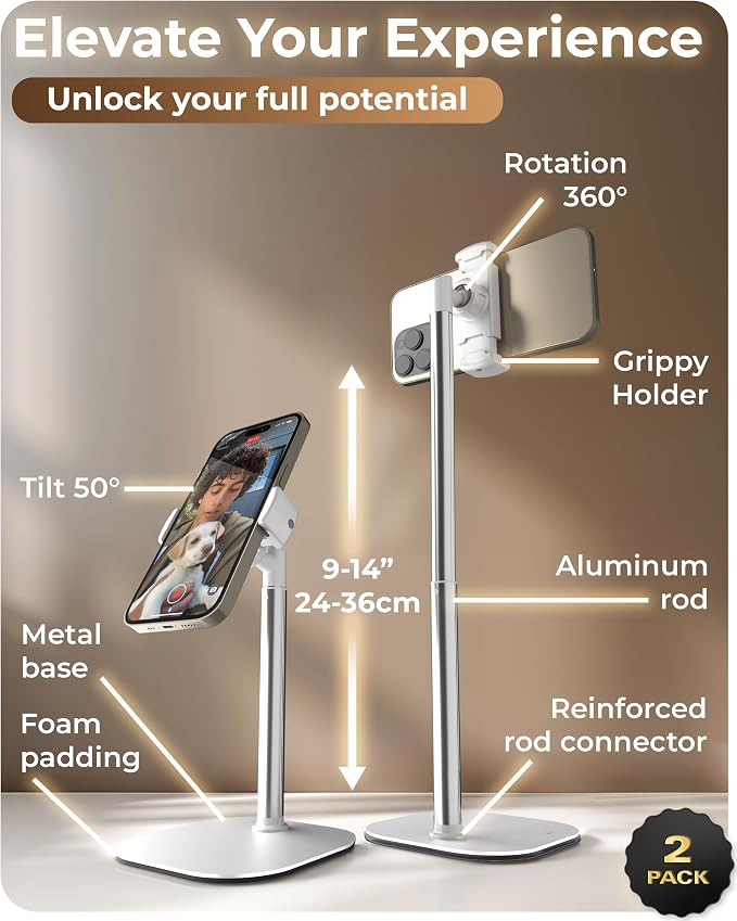 COOPER ChatStand Sturdy Cell Phone Holder, iPhone Stand for Desk, Recording | 9-13" Adjustable, Weighted Metal Base, Tabletop Tripod, for Filming, Video Calls, FaceTime; fits all iPhone, Samsung, Android