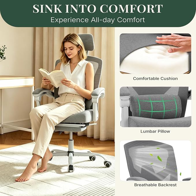 Ergonomic Office Chair with Footrest, Computer Gaming Chair | Adjustable Headrest, Lumbar Support, Swivel Reclining, Padded Armrest, Mesh High Back, Home Desk Work Study, Grey