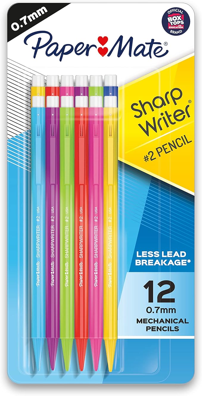 Paper Mate SharpWriter Mechanical Pencils 0.7 mm HB Number 2 Pencil Lead, School Supplies, Office Supplies, Classroom Must Haves, College School Supplies, Assorted Colors, 12 Count