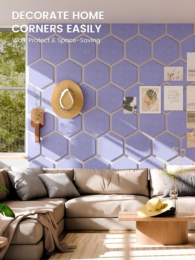 Fluxynara 8-Pack Hexagon Felt Bulletin Board Tiles, Soft Periwinkle | Cork Board Alternative with 50 Adhesive Tabs for Notes, Photos and Reminders in Home Offices, Dorm and Classrooms