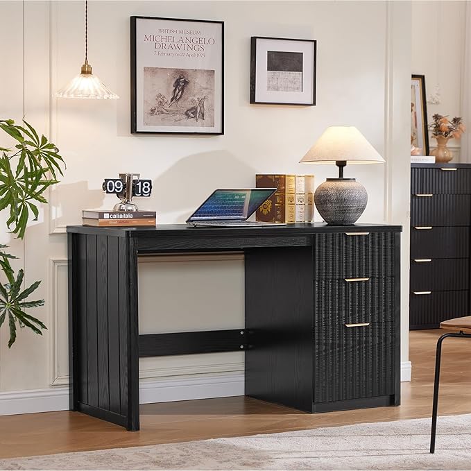 LEYAOYAO Office Desk 48" with 3 Drawers Storage File Cabinet Wood Fluted Desk for Computer Office Bedroom Home Furniture Black