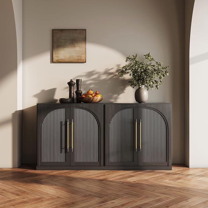 BELLEZE 3 Tier Bookshelf with Double-Arc Door, Set of 2 Modern Bookcase Shelf with Storage and Adjustable Shelves, 65'' Arched Buffet Wood Bookshelves for Living Room Office Entryway (Ebony)
