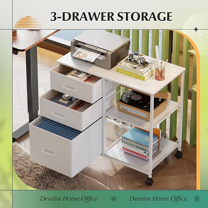 DEVAISE 3 Drawer Mobile File Cabinet with Open Storage Shelf | Rolling Printer Stand, Fabric Lateral Filing Cabinet fits A4 or Letter Size for Home Office, White With Texture