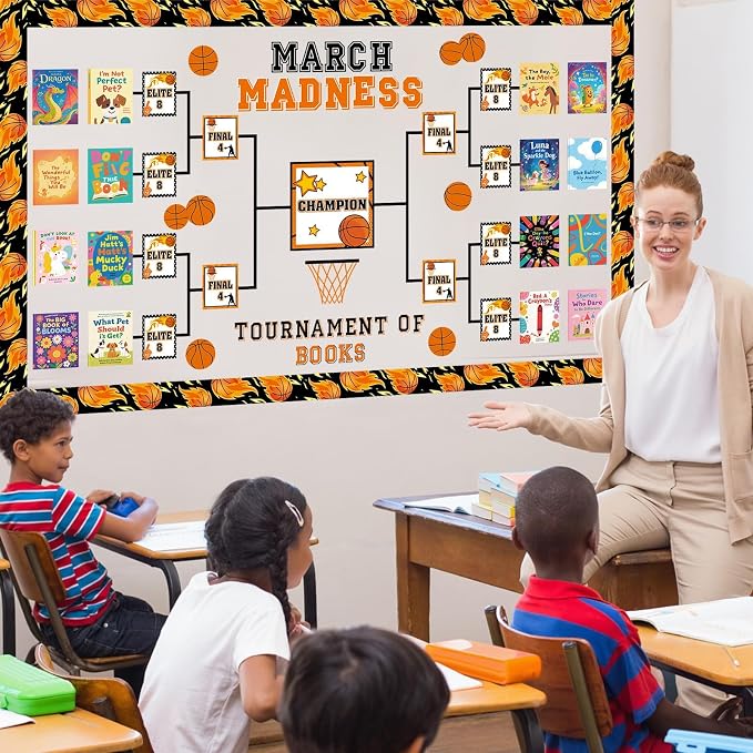 Basketball Tournament Bracket Bulletin Board Set Madness Basketball Tournament of Books Classroom Decoration Reading Themed Paper Cutouts for Back to School Bulletin Board Nursery Door Decor Supplies
