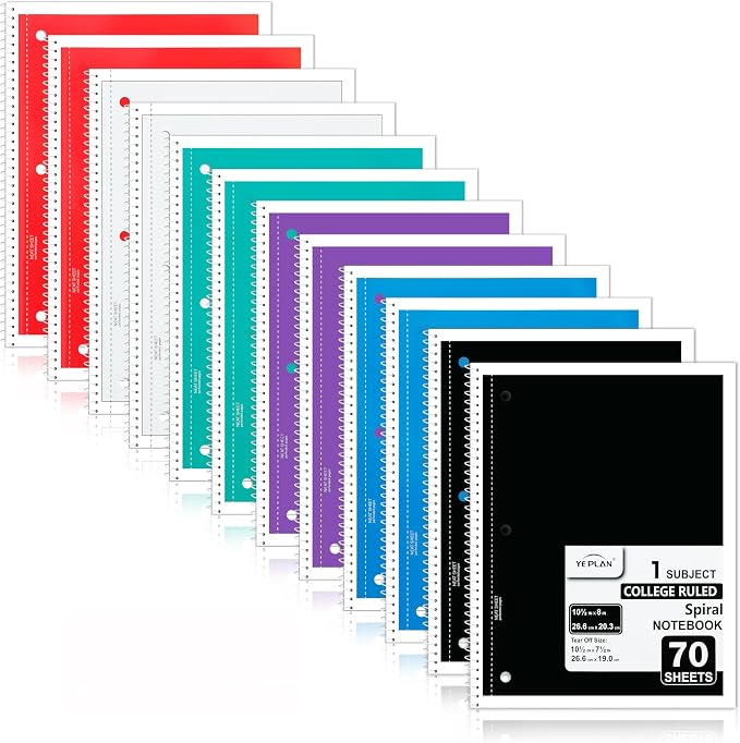 Yeplan Spiral Notebooks 12 Pack, College Ruled Notebook Paper, 1 Subject Notebook for School & Work, 8" x 10-1/2", 70 Sheets per Notebook, 6 Assorted Colors