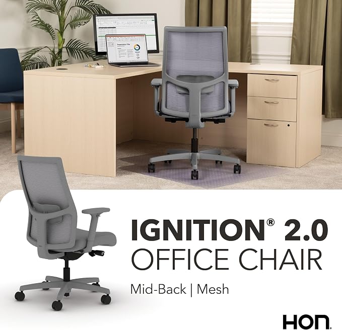 HON Ignition 2.0 Ergonomic Office Chair, Lumbar Support, Office Desk, Frost | Ergonomic office desk chair with lumbar support, adjustable arms, office decor, workstation comfort for focused productivity
