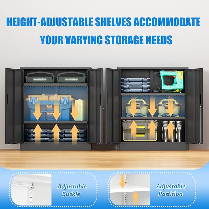 BESFUR Metal Storage Cabinet with Lock and 2 Adjustable Shelves, 36" H Locking Storage Cabinet for Home, Office, Garage, Utility Room and Basement(Black)