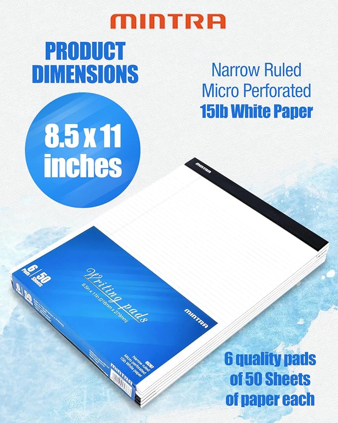 Mintra Office White Legal Pads – Ruled Notepads and Micro-Perforated Sheets, Ideal for Writing, Note-Taking & Creativity, Office, or Professional Use, Basic Pad 6 pack, 8.5"x11" (Narrow Ruled)