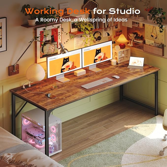 63 X 30 Inch Extra Deep Desk with Power Outlets | Long Computer Desk for Bedroom, Office Desk for Work from Home, Writing Study Gaming Table, Stable Metal Frame, Rustic Brown