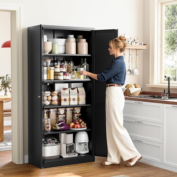 Metal Storage Cabinet with 2 Doors and 4 Adjustable Shelves - 71" Black Kitchen Pantry Storage Cabinet, 4-Tier Tall Steel Cabinet Locker for Kitchen, Living Room, Dining Room