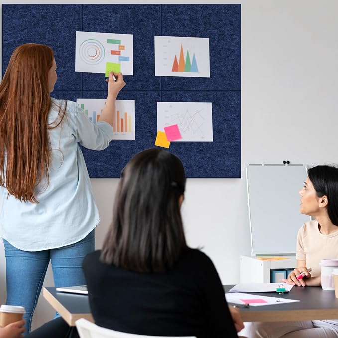 AKTOP Cork Board Bulletin Board 24"x36", 6 Pack Removable Felt Cork Board Tiles for Wall, Large Corkboard Notice Pin Board for Office, School & Home,24 Safe Adhesive Tabs, 20 Push Pins, Dark Blue