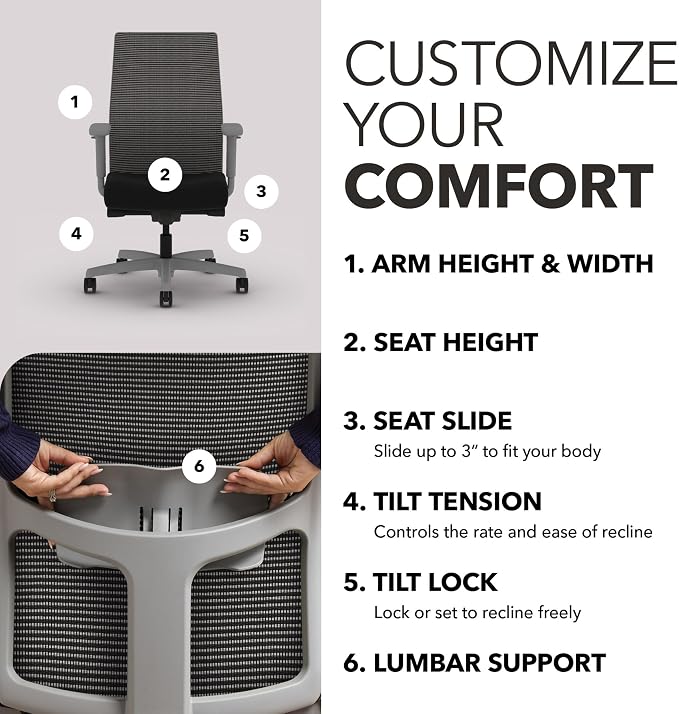 HON Ignition 2.0 Ergonomic Office Chair, Lumbar Support, Desk Chair, Black | Ergonomic office desk chair with lumbar support, adjustable arms, office decor, workstation comfort for focused productivity