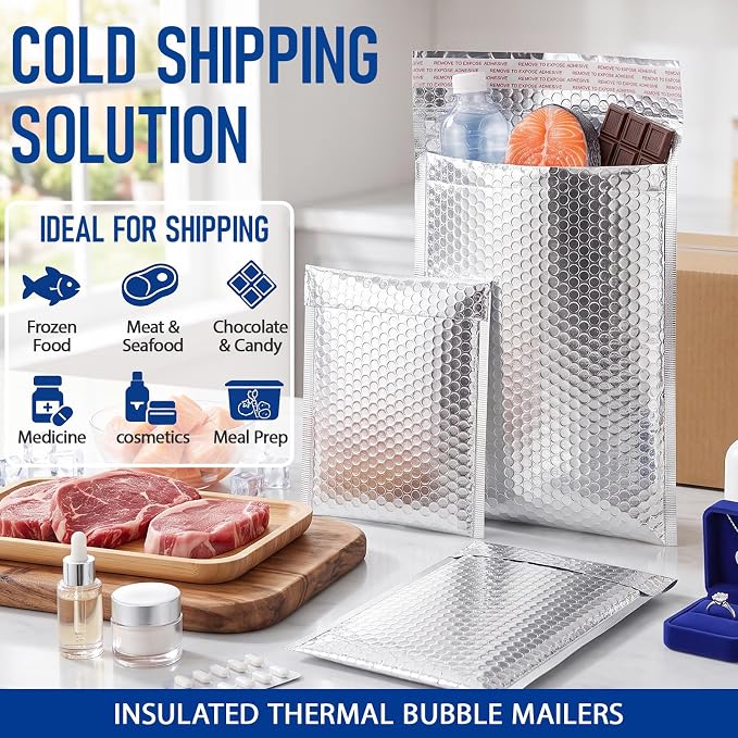 30 Pack 3 Sizes Insulated Bubble Mailers, Silver | Self Adhesive Closure, Foil Lined Interior, Padded Cushioning, Waterproof, Cold Delivery Packing, for Food and Cosmetics