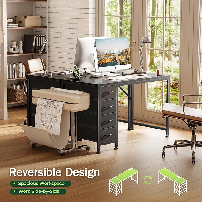 39.4 Inch Computer Office Desk with Power Outelts and USB-C Port, Reversible Gaming Desk with 4 Fabric Drawers, Work Study Desk Work from Home, Black