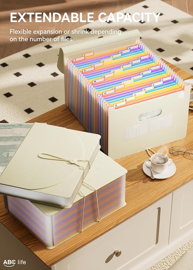 ABC life 26-Pocket Accordion File Organizer, Expanding File Folder | Letter/A4 Size, Plastic Monthly Bill & Tax Receipt Holder with A-Z Tabs for Home, Office, Classroom - Beige Color