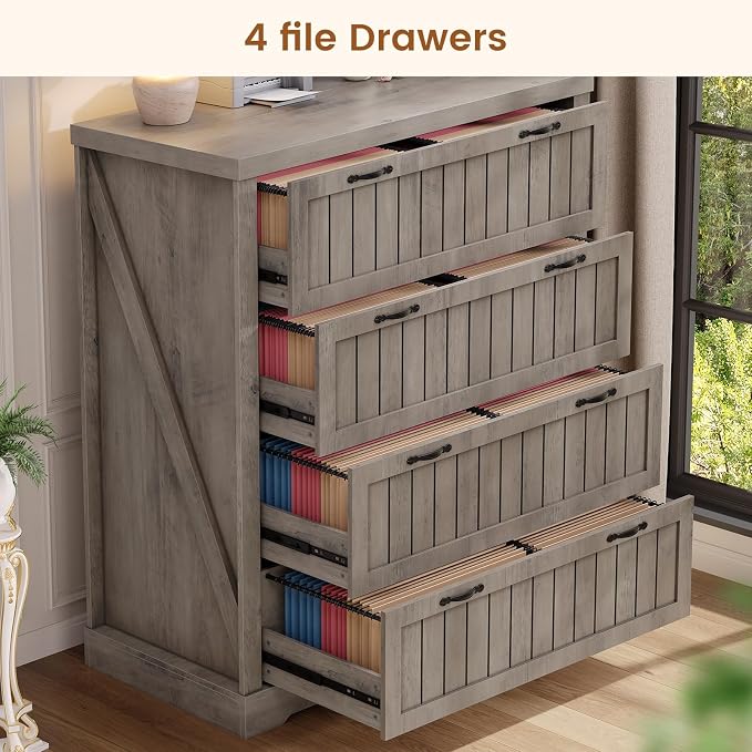 SEDETA Farmhouse 4 Drawer File Cabinet, Filing Cabinet for Home Office, Wood Office File Cabinets for Letter/Legal/A4 Size, File Cabinet Organizer with Printer Stand for Study Room, Living Room, Grey