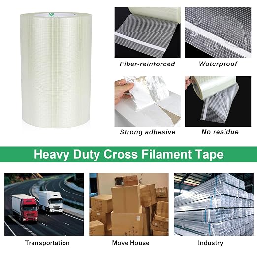 BOMEI PACK Wide Fiber Reinforced Packing Tape 8 inch, Clear Heavy Duty Bi Directional Fiberglass Filament Strapping Tape 8Inch x 55yds 6.7Mil