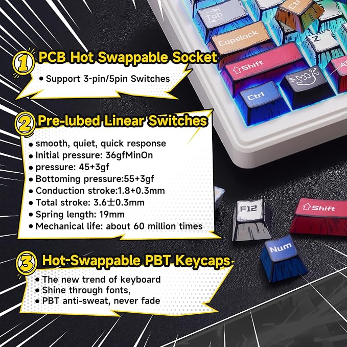 x Aula F99 Pro Mechanical Keyboard, Wireless Gaming Keyboards RGB Backlit Hot Swappable Custom Creamy Bluetooth Computer Keyboard, Tri-Mode BT5.0/2.4GHz/USB-C, Pre-lubed Switches PBT Keycaps | 99 Keys,8000mAh Rechargeable,Hot Swappable Custom,RGB Backl...
