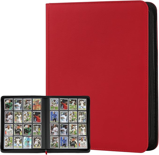 16 Pocket Ringless Side Loading Trading Card Binder, 1024 Cards PU Fixed Page Zipper Card Album for TCG Sports Game Cards, Not Fit Top Loaders (Red)