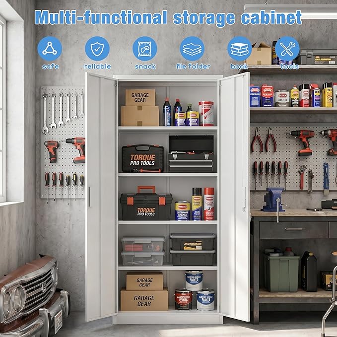 71-Inch White Metal Storage Cabinet with Locking Doors | Four adjustable shelves organize tools, files, pantry supplies, and office items in a tall freestanding cabinet.