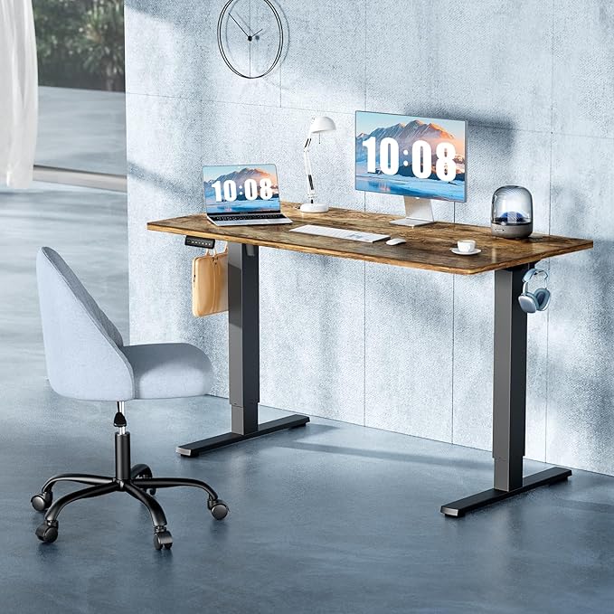 DUMOS 55 Inch Electric Standing Desk, Memory Adjustable Home Office Desk | Sit Stand Up Desk for Work Home Office,Adjustable Desk, Rising Computer Table with Splice Board,Cable Management,Hook,Brown