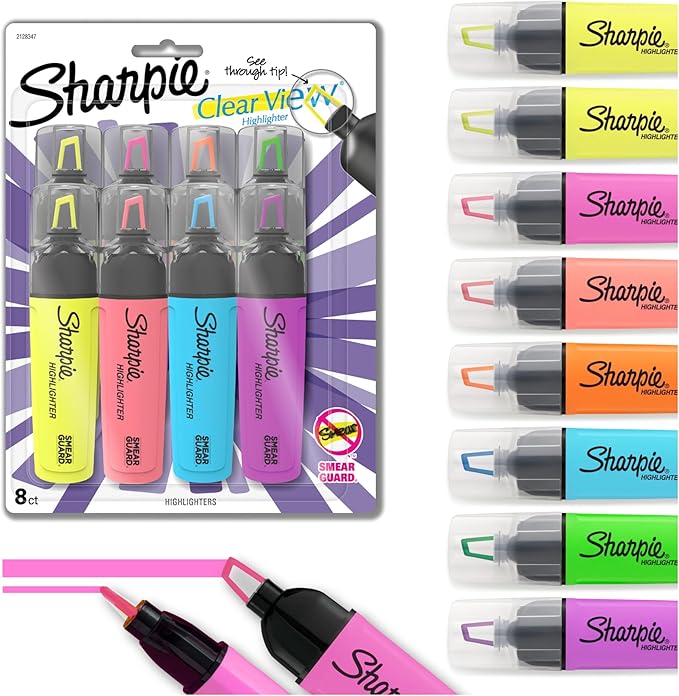 Sharpie Clear View Highlighter Chisel Tip Fluorescent And Pastel Highlighters See Through Tip Highlighter Marker Set Tank Assorted Colors 8 Count