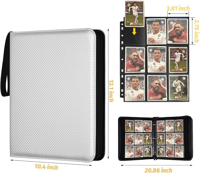GERMUN 3 Ring 9 Pocket Zipper Card Binder, 720 Double Sided Standard PU Trading Card Album Folder for TCG & Sports Cards, Not Fit Top Loaders (Silver)