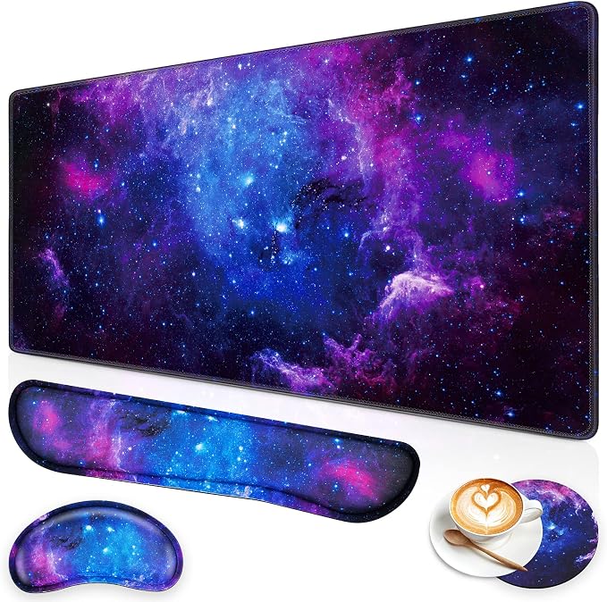 Canjoy Desk Mat with Wrist Rest, Keyboard and Mouse Pad Wrist Support Pad ﻿ | 4-in-1 Big Large Mouse Pad(35.4×15.7in) + Keyboard Wrist Rest + Coaster, Galaxy Keyboard Mat Computer Desk Pad Memory Foam