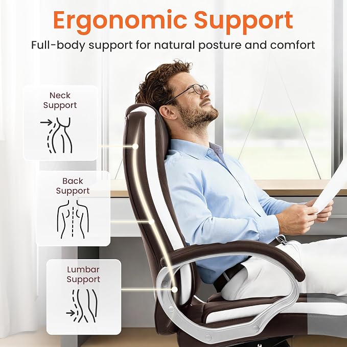 NEO CHAIR Office Desk Chair PU Leather Chair with Lumbar Support, Brown | Ergonomic High Back Executive Computer Chair, Comfortable Padded Fixed Armrests Swivel Chair with Wheels for Office/Home