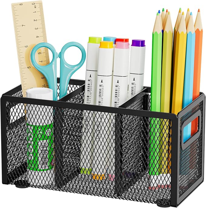 Marbrasse Mesh Pen Holder for Desk, Pencil Holder Desk Organizer 3 Adjustable Compartments, Pencil Cup with Handle Perfect for Classroom, Office, Home, Makeup, Art (Black)