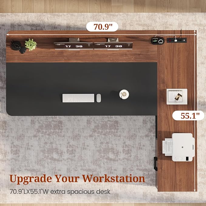 71" Executive Desk, Large Office Desk with Drawers & Storage Shelves, Modern L Shaped Computer Desk Corner Desk with Power Outlets, File Cabinet, Business Furniture Desk Workstation (Walnut)