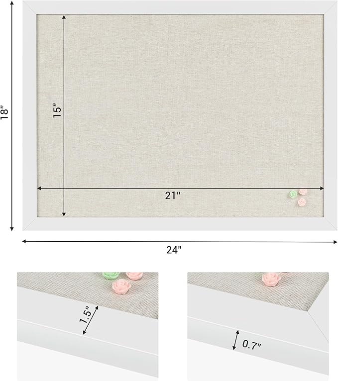 Board2by White Cork Board Bulletin Board with Linen, Wood Framed 24" x 18" Corkboard, Office Board for Wall Decor, Wall Mounted Pin Board Picture Board with 20 Pushpins for School, Home & Office