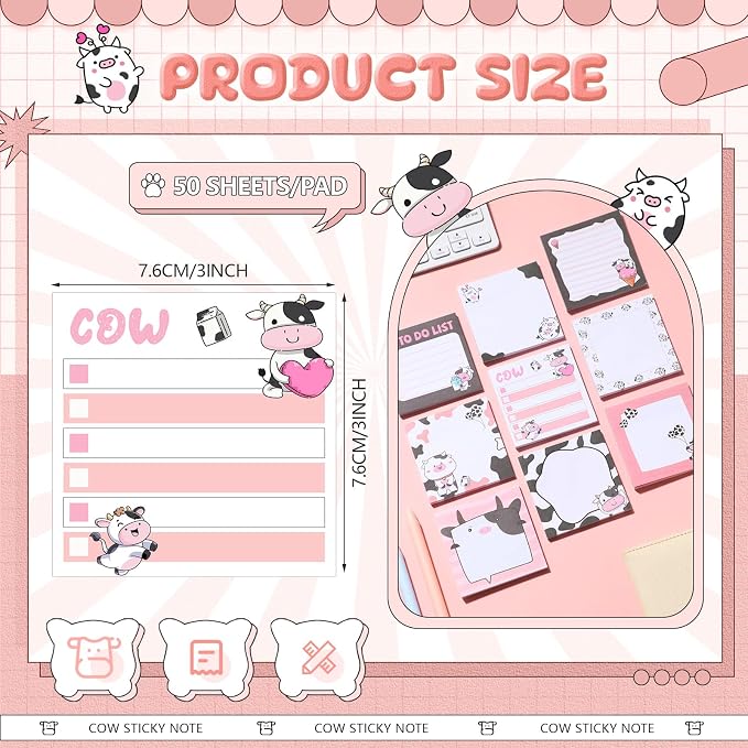 9 Pads Cow Sticky Notes, 3x3 Inch Cute Stick Notepads | Adhesive Memo Notes Pad, Coworker Gifts, Office Supplies Decor, Desk Accessories for Students, Teacher, Meeting