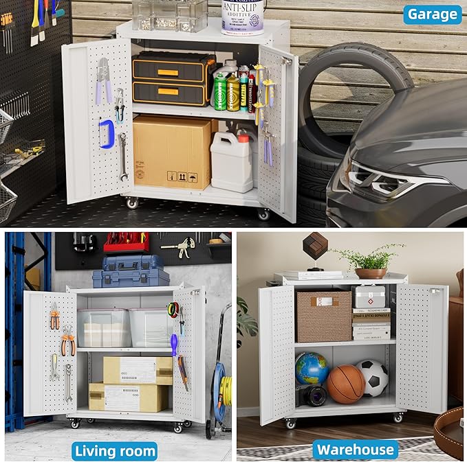 Aobabo 31.5" H Garage Storage Cabinet with Wheels,Lockable Metal Storage Cabinet with 2 Doors for Garage Home Office Storage,White,Assembly Required