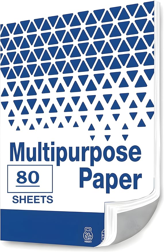 80 Sheets 8.5" x 11" White Multipurpose Paper, 20 LB (75 gsm) – Copy, Fax & Laser Compatible – Everyday Office, School & Printing Use