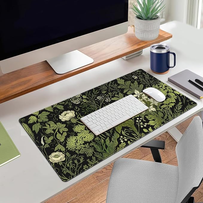 Floral Desk Mat Green Leaves Plant Desk Pad Matt for Desktop Large Gaming Mousepad XXL Full Desk Mouse Pad Computer Keyboard Mat Deskmat Aesthetic Office Desk Decor 31.5 X 15.7 Inch