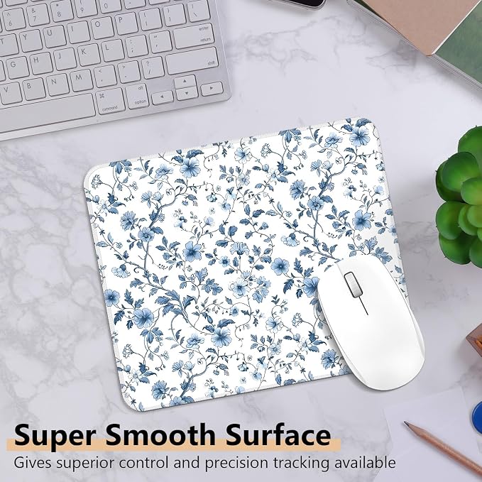 Blue Chinoiserie Floral Mouse Pad, Blue and White Flower Cottagecore Square Mousepad Mouse Mat with Anti-Slip Rubber Base for Computer Laptop Home Office Desk, 9.5x7.9 in