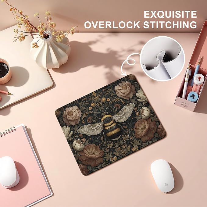 Vintage Floral Bee Mouse Pad, Dark Contemporary Botanical Bumblebee Mouse Pads Mousepad for Desk Home Office Dorm Laptop, Cottagecore Nature Office Supplies Desk Accessories, 9.5x7.9 Inch