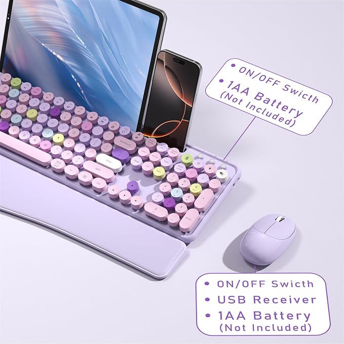 Wireless Keyboard and Mouse Combo with Phone Holder (Purple) | MPTOG Colorful Typewriter Keys with Wrist Rest, , 2.4GHz Wireless, Full-Sized Optical Mouse for PC and Laptop