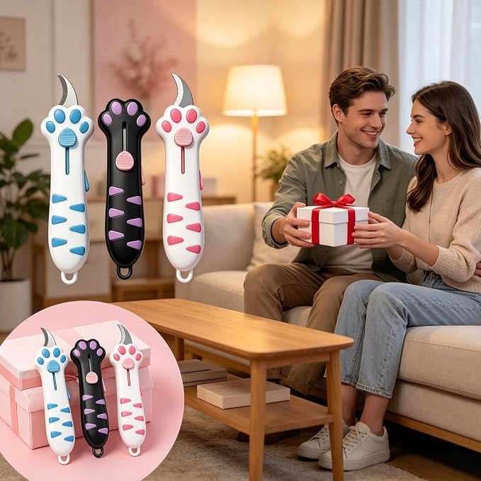 Cat Paw Box Cutter 3-Piece Set, Retractable Cat Claw Knife with Cute Paw Handle, Portable Utility Box Opener for Home Office Package Carton & Tape Cutting
