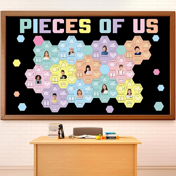 Hexagon Pieces Bulletin Board Set Pieces of Us Classroom Bulletin Board Decorations All About Me Cutouts Classroom Decorations for Back to School Office Home Chalkboard Decor Wall Door