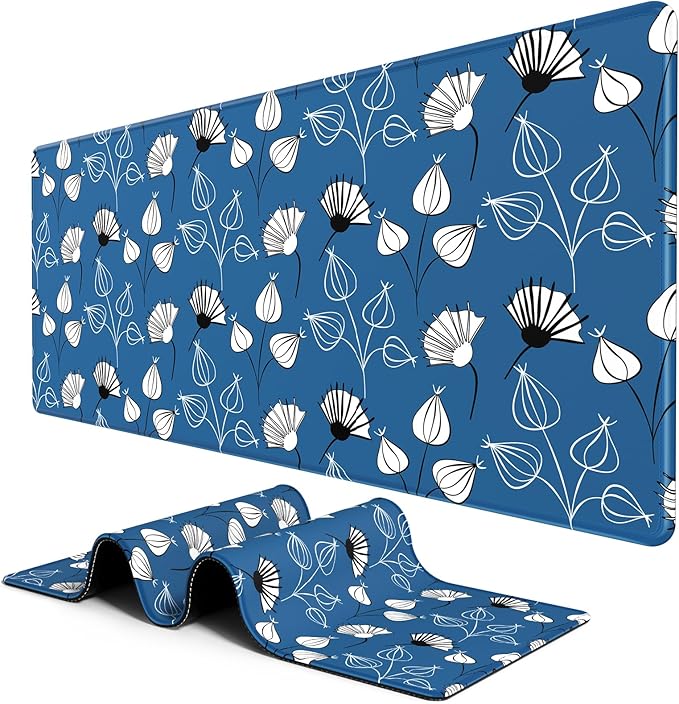 BOSOBO Large Desk Pad - XXL XL Extended Gaming Mouse Pad, Long Keyboard Mat for Office & Home, Desktop Full Cover 35.5 x 15.7 Inches, Minimalist Blue White Flowers